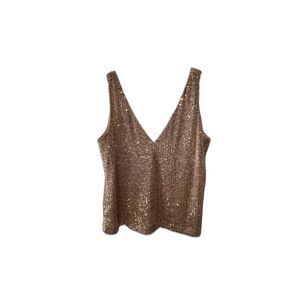 Shinestar Cream Rose Gold V Neck Sequin Sleeveless Tank Cami Sparkly Date Night
